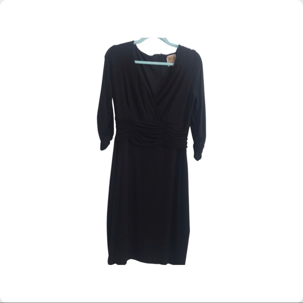 Nue by Shani black Ruched waist V-neck cocktail dress midi Sz 12 3/4 sleeve